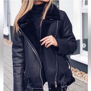 Zara Blogger Favorite Faux Fur Oversized Moto Style Jacket Bomber Small Black